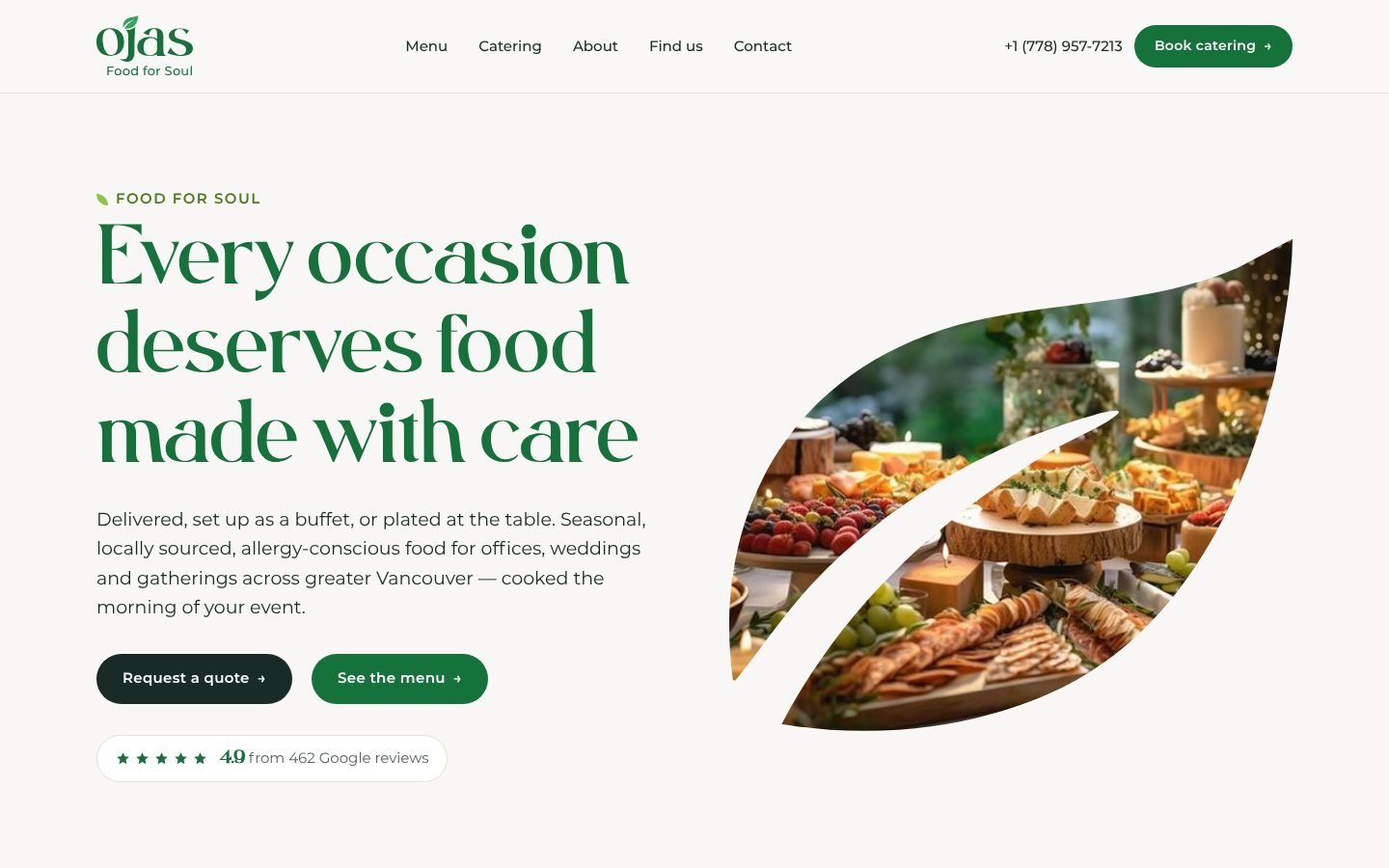Ojas catering website homepage