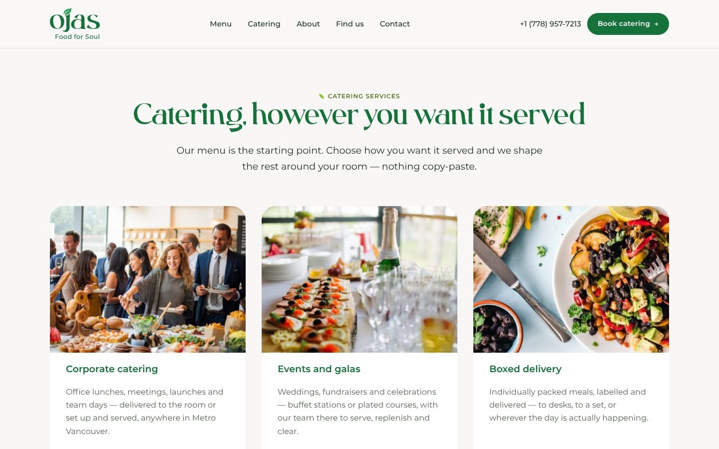 Ojas homepage, catering services section