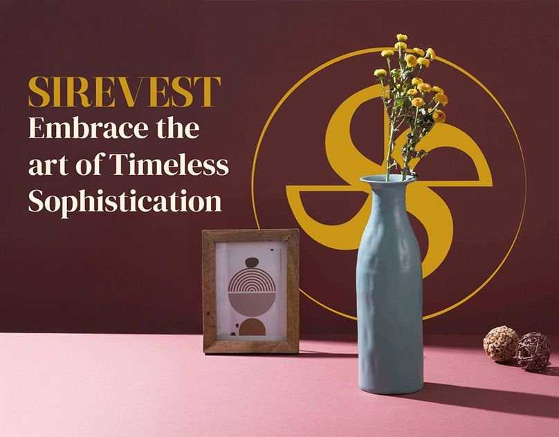 Sirevest home decor ad with a vase on a maroon background
