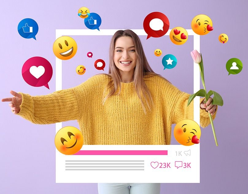 Content strategist social media frame with emoji reactions