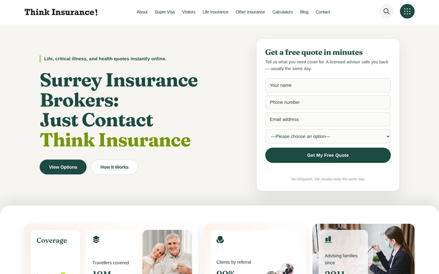 Think Insurance homepage with a free quote form