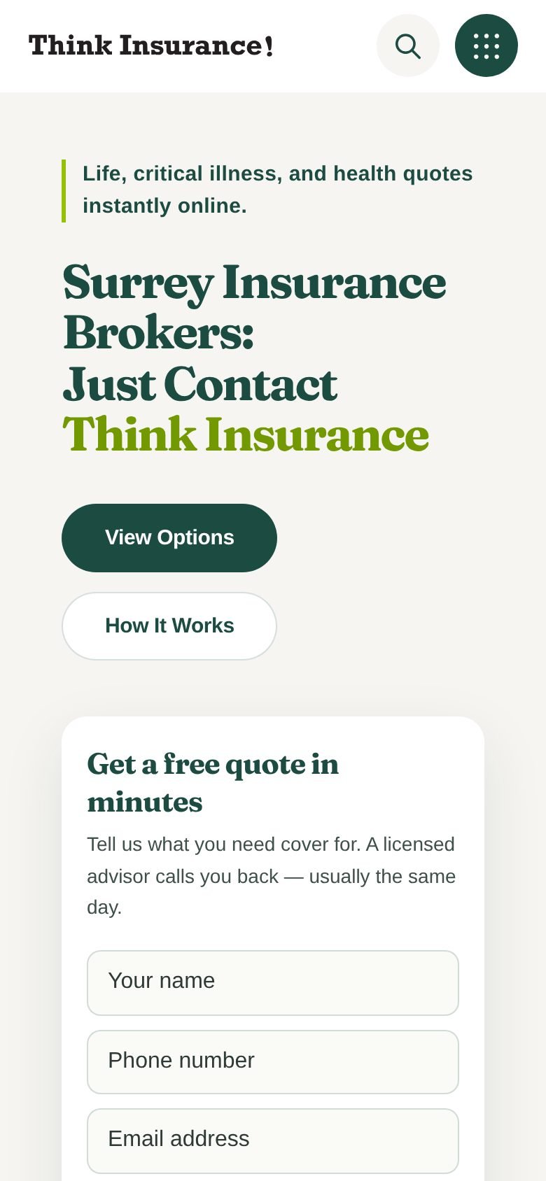 Think Insurance homepage on a phone
