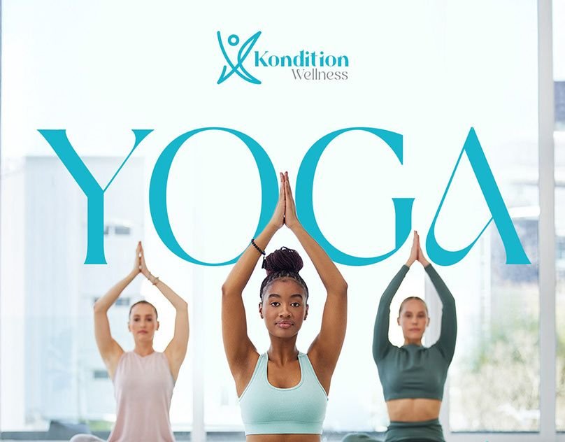 Yoga social media post with large teal lettering